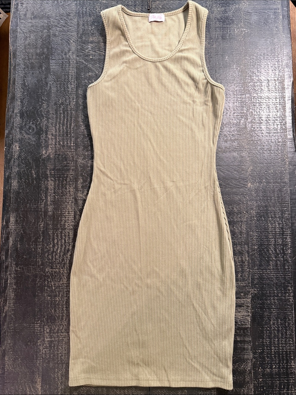 Pink Lily Olive Ribbed Tank Midi Dress